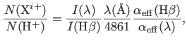 $\displaystyle \frac{N({\rm X}^{i+})}{N({\rm H}^{+})}=\frac{I({\lambda})}{I({{\r...
...}})}{4861} \frac{\alpha_{\rm eff}({\rm H}\beta)}{\alpha_{\rm eff}(\lambda)}, %
$