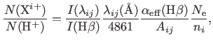 $\displaystyle \frac{N({\rm X}^{i+})}{N({\rm H}^{+})}=\frac{I(\lambda_{ij})}{I({...
...)}{4861} \frac{\alpha_{\rm eff}({{\rm H}\beta})}{A_{ij}} \frac{N_{\rm e}}{n_i},$