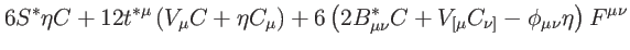 $\displaystyle 6S^{\ast }\eta C+12t^{\ast \mu }\left(
V_{\mu }C+\eta C_{\mu }\ri...
... }^{\ast }C+V_{[\mu
}C_{\nu ]}-\phi _{\mu \nu }\eta \right) F^{\mu \nu } \notag$