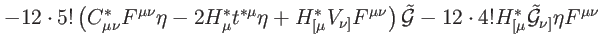 $\displaystyle -12\cdot 5!\left( C_{\mu \nu }^{\ast }F^{\mu \nu }\eta -2H_{\mu }...
...-12\cdot 4!H_{[\mu }^{\ast }\mathcal{\tilde{G}}_{\nu ]}\eta
F^{\mu \nu } \notag$